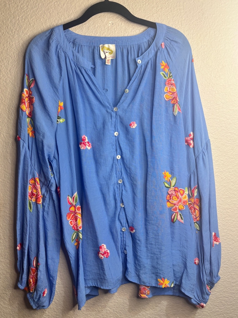 fig and flower Blue Floral Embroidered Button-Down Blouse - Picture 4 of 5